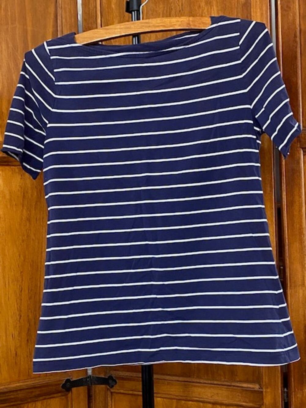 Merona Women’s M Navy Blue White Striped Boatneck Short Sleeve Stretch Top